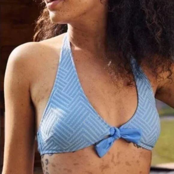 NWT Aerie Jacquard Halter Bikini Top with Bow Lion Blue Swim Beach Surf Size L - Picture 2 of 5